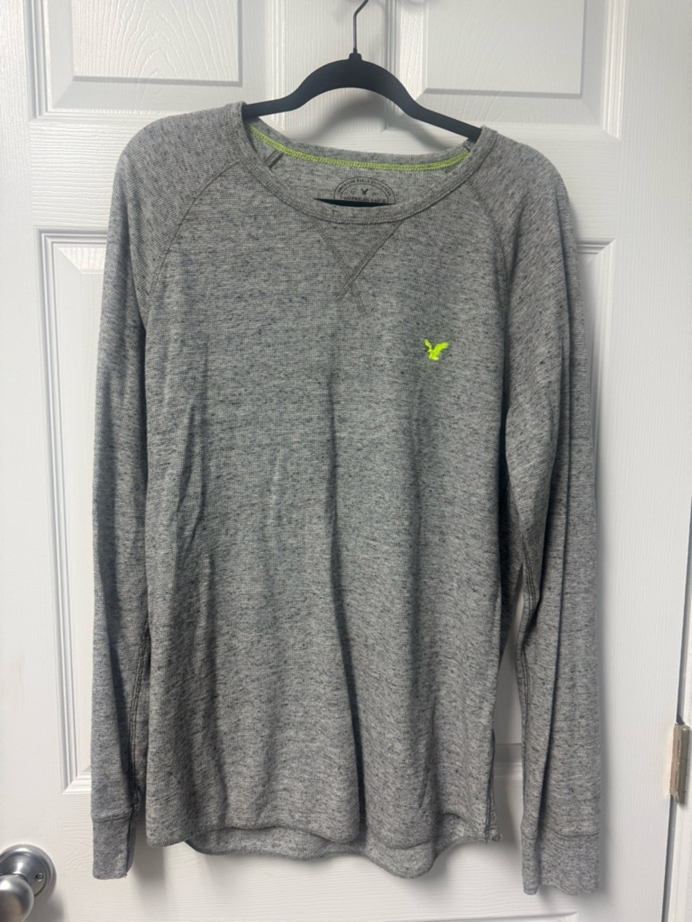 American Eagle Outfitters Grey Long-Sleeve Crewneck with Neon Green Logo